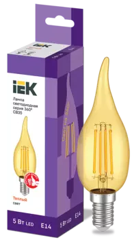 Лампа светодиодная E14 свеча на ветру/CB35, 5Вт, 2700K / теплый свет, 600лм, филаментная, IEK 360° (LLF-CB35-5-230-30-E14-CLG)