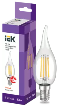 Лампа светодиодная E14 свеча на ветру/CB35, 7Вт, 2700K / теплый свет, 840лм, филаментная, IEK 360° (LLF-CB35-7-230-30-E14-CLG)