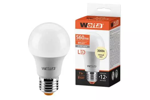 Лампа светодиодная E27 груша/A55, 7Вт, 3000K / тёплый, 560лм, Wolta (25Y55BL7E27)