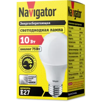 Лампа светодиодная E27 груша/A60, 10Вт, 2700K / теплый свет, 850лм, диммируемая, Navigator (14123 / NLL-A60-10-230-2.7K-E27-DIMM / 21594)