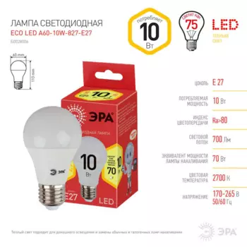 Лампа светодиодная E27 груша/A60, 10Вт, 2700K / теплый свет, 700лм, ЭРА A60-10W-827-E27 R (Б0049634)