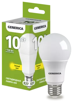 Лампа светодиодная E27 груша/A60, 10Вт, 3000K-3000K / теплый свет, 1000лм, GENERICA LL-A60-10-230-30-E27-G (1910329)