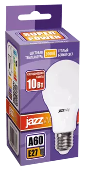 Лампа светодиодная E27 груша/A60, 10Вт, 3000K / теплый свет, 800лм, Jazzway PLED-SP A60 10w E27 3000K POWER (1033697)