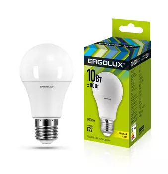 Лампа светодиодная E27 груша/A60, 10Вт, 3000K / теплый свет, 950лм, ERGOLUX LED-A60-10W-E27-3K (12148)