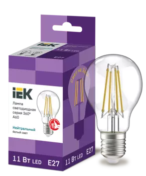 Лампа светодиодная E27 груша/A60, 11Вт, 4000K / нейтральный свет, 1320лм, филаментная, IEK 360° (LLF-A60-11-230-40-E27-CL)