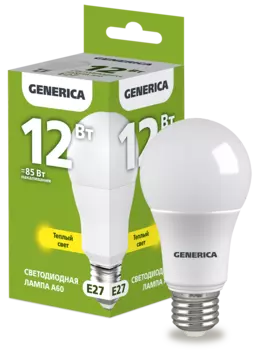 Лампа светодиодная E27 груша/A60, 12Вт, 3000K-3000K / тёплый, 1200лм, GENERICA LL-A60-12-230-30-E27-G (1910332)