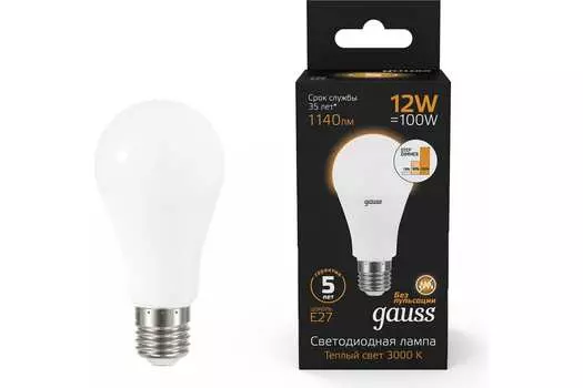 Лампа светодиодная E27 груша/A60, 12Вт, 3000K / теплый свет, 1140лм, диммируемая, Gauss (102502112-S )