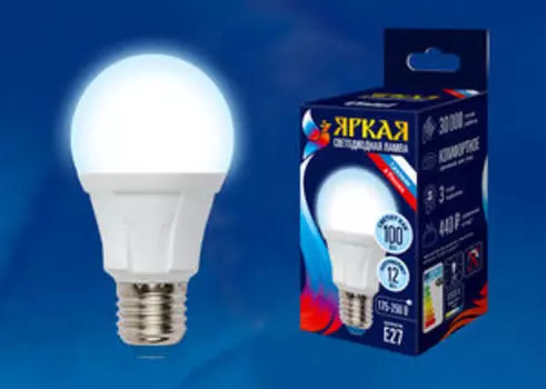 Лампа светодиодная E27 груша/A60, 12Вт, 6500K / холодный свет, 1000лм, Uniel LED-A60 12W/DW/E27/FR PLP01WH Яркая (UL-00002005)