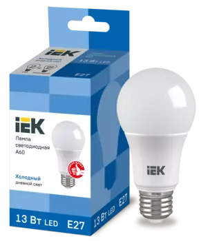 Лампа светодиодная E27 груша/A60, 13Вт, 6500K / холодный свет, 1170лм, IEK (LLE-A60-13-230-65-E27)