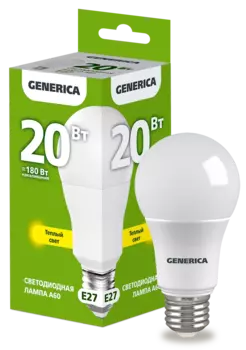 Лампа светодиодная E27 груша/A60, 20Вт, 3000K-3000K, 2000лм, GENERICA (LL-A60-20-230-30-E27-G)