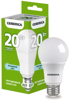 Лампа светодиодная E27 груша/A60, 20Вт, 6500K-6500K, 2000лм, GENERICA (LL-A60-20-230-65-E27-G)