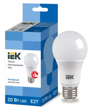 Лампа светодиодная E27 груша/A60, 20Вт, 6500K / холодный свет, 1800лм, IEK (LLE-A60-20-230-65-E27)