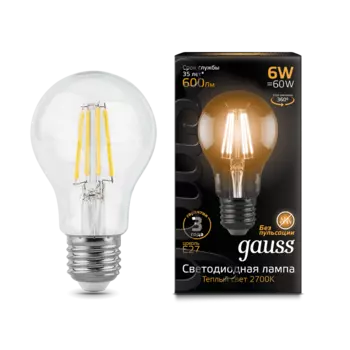 Лампа светодиодная E27 груша/A60, 6Вт, 2700K / теплый свет, 600лм, филаментная, Gauss Filament (102802106)