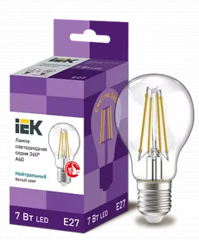 Лампа светодиодная E27 груша/A60, 7Вт, 4000K / нейтральный свет, 840лм, филаментная, IEK 360° (LLF-A60-7-230-40-E27-CL)