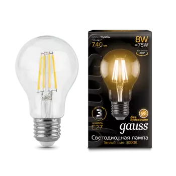 Лампа светодиодная E27 груша/A60, 8 Вт, 2700 K/теплый свет, 740лм, филаментная, 220 В, Gauss Black Filament Crystal (102802108)