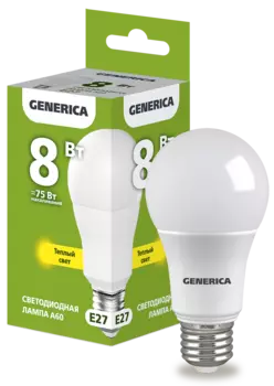 Лампа светодиодная E27 груша/A60, 8Вт, 3000K-3000K / теплый свет, 800лм, GENERICA LL-A60-08-230-30-E27-G (1910341)