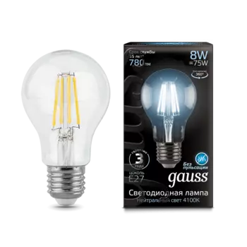 Лампа светодиодная E27 груша/A60, 8 Вт, 4100 K/нейтральный свет, 780лм, филаментная, 220 В, Gauss Black Filament Crystal (102802208)
