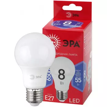 Лампа светодиодная E27 груша/A60, 8Вт, 6500K / холодный свет, 640лм, ЭРА LED A60-8W-865-E27 R (Б0045323)