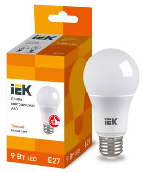 Лампа светодиодная E27 груша/A60, 9Вт, 3000K / теплый свет, 810лм, IEK (LLE-A60-9-230-30-E27)