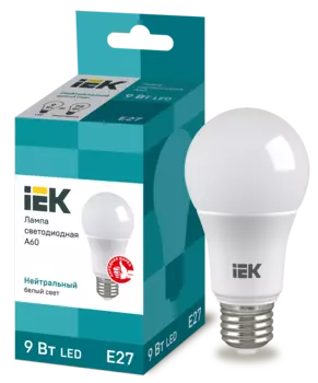 Лампа светодиодная E27 груша/A60, 9Вт, 4000K / нейтральный свет, 810лм, IEK (LLE-A60-9-230-40-E27)