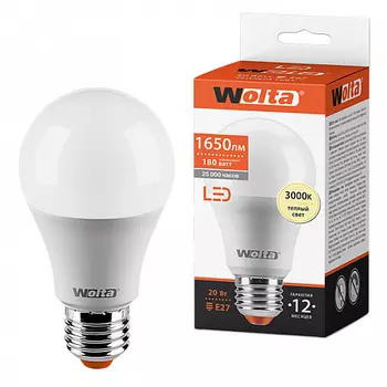 Лампа светодиодная E27 груша/A65, 20Вт, 3000K / теплый свет, 1650лм, Wolta (25Y65BL20E27)