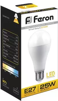 Лампа светодиодная E27 груша/A65, 25Вт, 2700K / теплый свет, 2100лм, Feron LB-100 (25790)