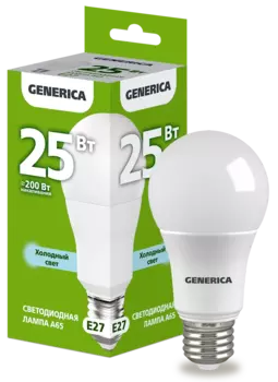 Лампа светодиодная E27 груша/A65, 25Вт, 6500K-6500K, 2500лм, GENERICA (LL-A65-25-230-65-E27-G)