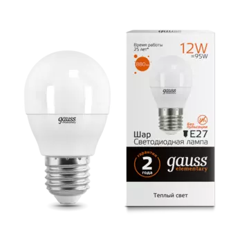 Лампа светодиодная E27 шар/P45, 12 Вт, 3000 K/теплый свет, 880лм, 220 В, Gauss Elementary (53212)
