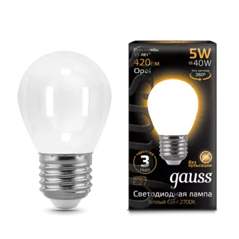 Лампа светодиодная E27 шар, 5Вт, 2700K / теплый свет, 420лм, филаментная, Gauss Filament OPAL (105202105)