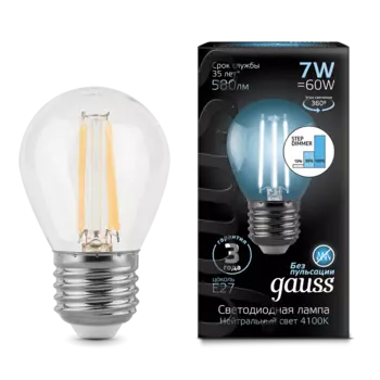 Лампа светодиодная E27 шар, 7Вт, 4100K / нейтральный свет, 580лм, филаментная, Gauss Filament (105802207-S)