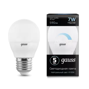 Лампа светодиодная E27 шар, 7Вт, 4100K / нейтральный свет, 590лм, диммируемая, Gauss (105102207-D)