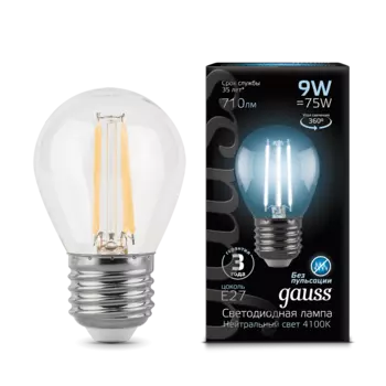 Лампа светодиодная E27 шар, 9 Вт, 4100 K-4100 K / нейтральный свет, 710лм, филаментная, 10 шт., Gauss Filament (105802209_10)
