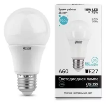 Лампа светодиодная E27 груша/A60, 10 Вт, 4100 K/нейтральный свет, 920лм, 220 В, 10 шт., Gauss Elementary (23220_10)