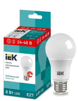 Лампа светодиодная E27 шар/A60, 8Вт, 4000K / белый, 760лм, IEK (LLE-A60-08-24-48-40-E27)