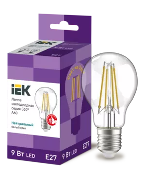 Лампа светодиодная E27 шар/A60, 9Вт, 4000K / нейтральный свет, 1080лм, филаментная, IEK 360° (LLF-A60-9-230-40-E27-CL)