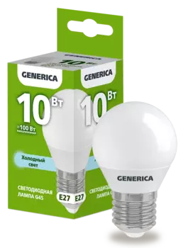 Лампа светодиодная E27 шар/G45, 10Вт, 6500K-6500K, 1000лм, GENERICA (LL-G45-10-230-65-E27-G)