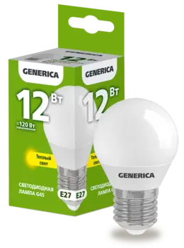 Лампа светодиодная E27 шар/G45, 12Вт, 3000K-3000K, 1200лм, GENERICA (LL-G45-12-230-30-E27-G)
