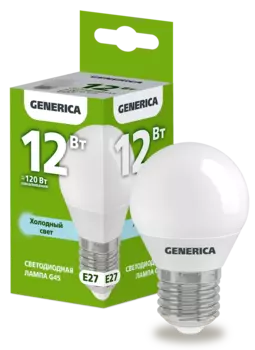 Лампа светодиодная E27 шар/G45, 12Вт, 6500K-6500K, 1200лм, GENERICA (LL-G45-12-230-65-E27-G)