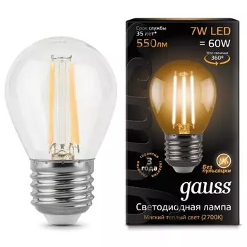 Лампа светодиодная E27 шар/G45, 7 Вт, 2700 K/теплый свет, 550лм, филаментная, 220 В, Gauss Black Filament Crystal (105802107)