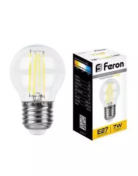 Лампа светодиодная E27 шар/G45, 7Вт, 2700K / теплый свет, 740лм, филаментная, Feron LB-52 (25876)