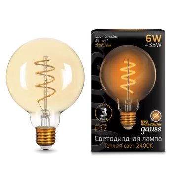 Лампа светодиодная E27 шар/G95, 6Вт, 2400K / теплый свет, 360лм, Gauss Filament Flexible (105802007)