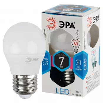 Лампа светодиодная E27 шар/P45, 7Вт, 4000K / нейтральный свет, 560лм, ЭРА LED P45-7W-840-E27 (Б0020554)