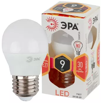 Лампа светодиодная E27 шар/P45, 9Вт, 2700K / теплый свет, 720лм, ЭРА LED P45-9W-827-E27 (Б0029043)