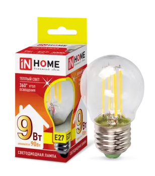 Лампа светодиодная E27 шар/P45, 9Вт, 3000K / теплый свет, 810лм, филаментная, IN HOME deco (4690612026268)
