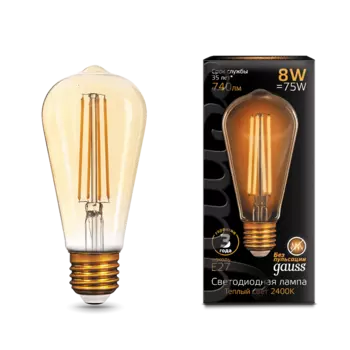 Лампа светодиодная E27/ST64, 8 Вт, 2400 K/теплый свет, 740лм, филаментная, 220 В, 10 шт., Gauss Filament (157802008)