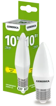Лампа светодиодная E27 свеча/C35, 10Вт, 3000K-3000K, 1000лм, GENERICA (LL-C35-10-230-30-E27-G)