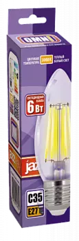 Лампа светодиодная E27 свеча/C37, 6Вт, 3000K / теплый свет, 600лм, филаментная, Jazzway PLED OMNI C35 6w E27 3000K CL (5020481)