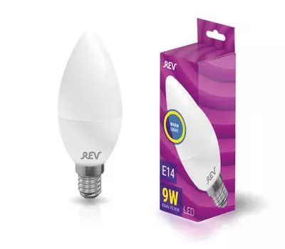 Лампа светодиодная E27 свеча/C37, 9Вт, 2700K / теплый свет, 675лм, REV (32412 6)