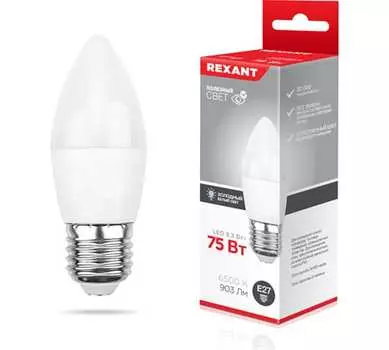 Лампа светодиодная E27 свеча/CN, 9.5Вт, 6500K-6500K / холодно-белый, 903лм, REXANT 604-204 (604-204)