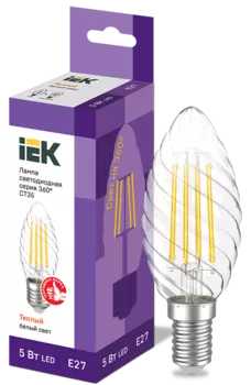 Лампа светодиодная E27 свеча витая/CT35, 5Вт, 3000K / теплый свет, 600лм, филаментная, IEK 360° (LLF-CT35-5-230-30-E27-CL)